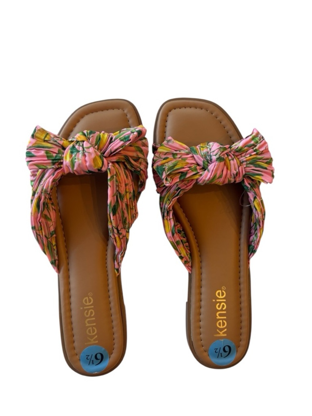 Kensie Pink Floral Knot-Top Slide Sandals with Brown Footbed